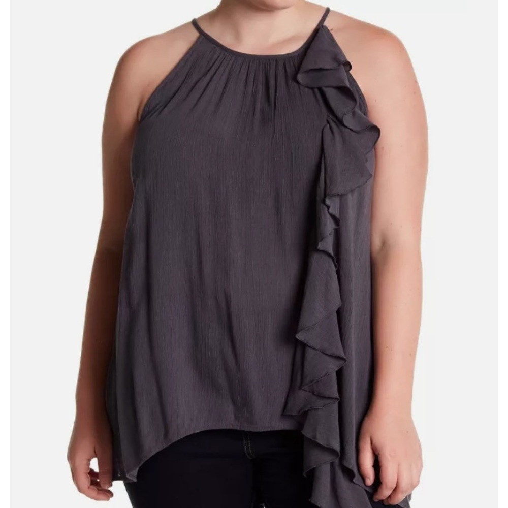 Melrose and Market black crepe asymmetrical ruffle sleeveless keyhole blouse XS